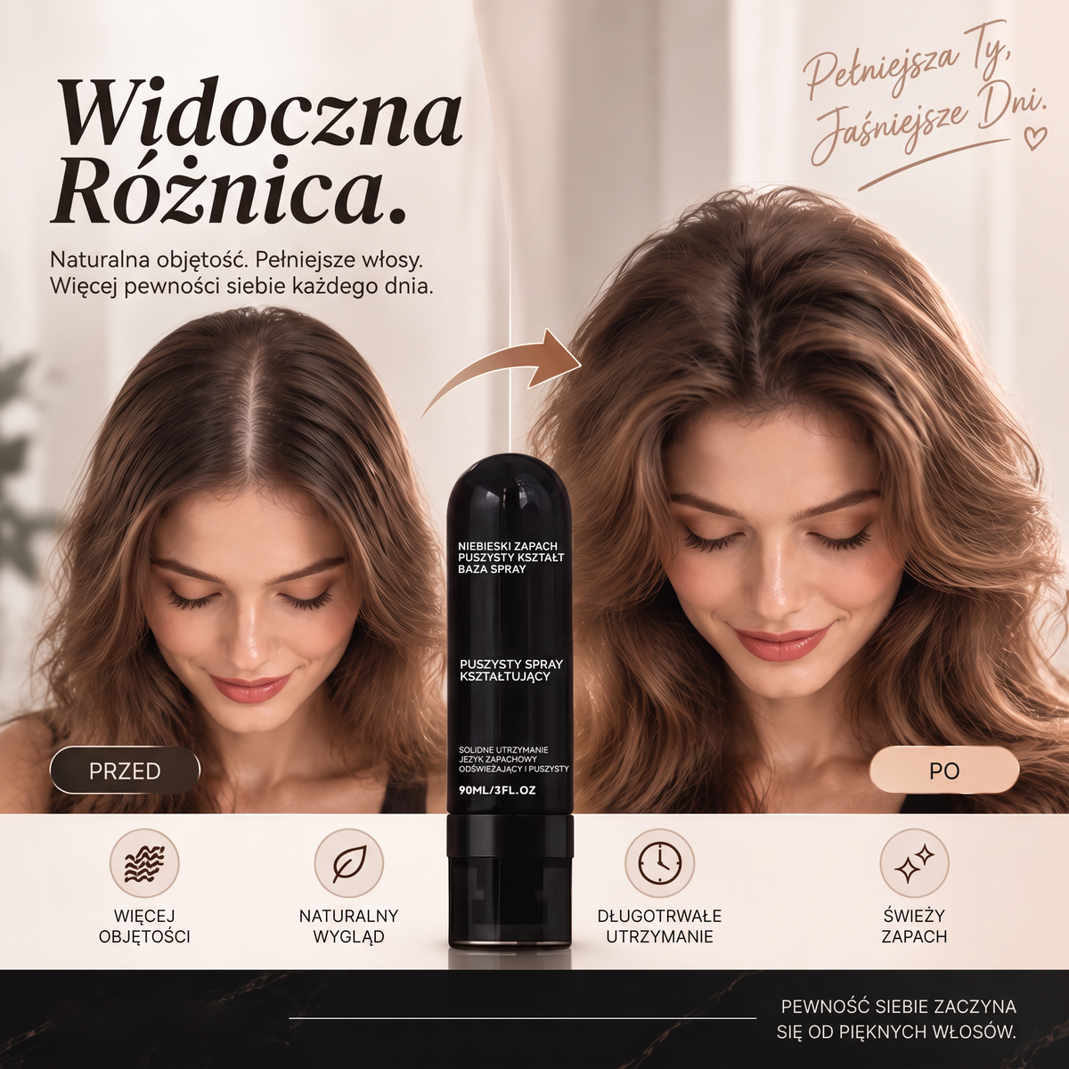 Vitalisys®🍇 Fluffy Hair – Modelujący spray zwiększający objętość włosów – lekka formuła dodająca objętości od nasady, zapewniająca naturalny ruch włosów i delikatny brzoskwiniowy zapach 👸