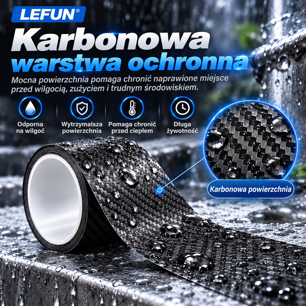 LEFUN® 💧 Wyjątkowo mocna taśma wodoodporna🍇 – warstwa ochronna o wyglądzie karbonu + uszczelka butylowa chroniąca przed przeciekami i wilgocią