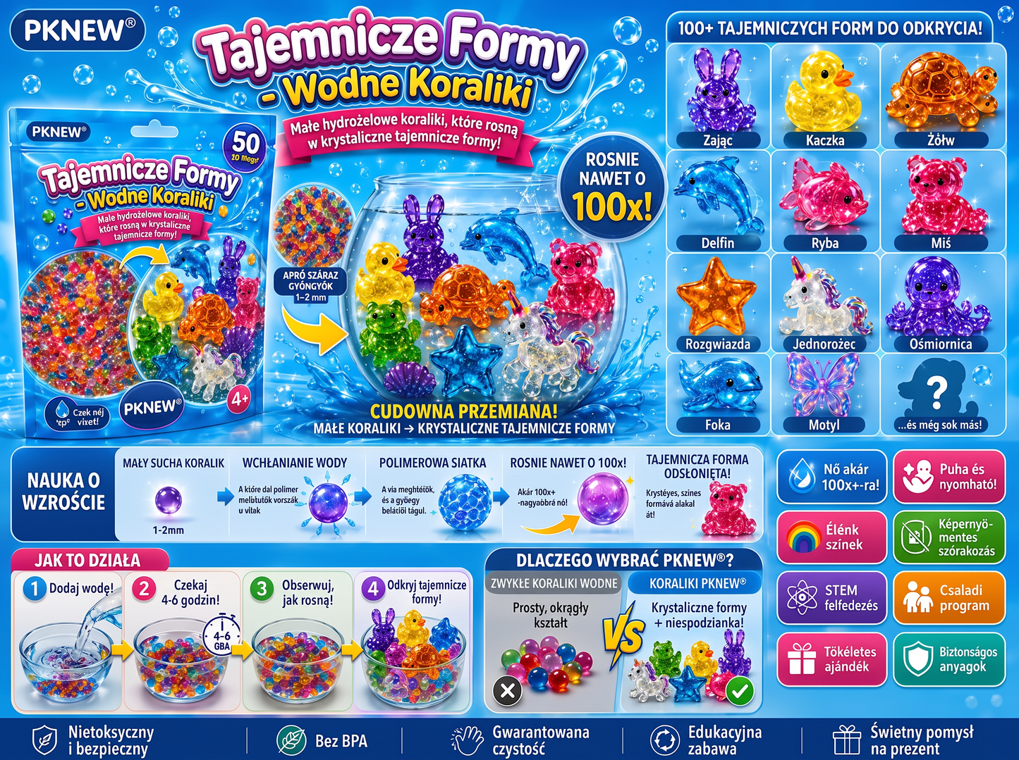 PKNEW®🫧 Magiczne wodne koraliki-niespodzianki🌈 – Kolorowe, półprzezroczyste figurki, które rosną w wodzie; idealne do kreatywnej zabawy, odkrywania świata zmysłów i wspólnego spędzania czasu z rodziną 💕