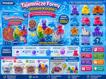 PKNEW®🫧 Magiczne wodne koraliki-niespodzianki🌈 – Kolorowe, półprzezroczyste figurki, które rosną w wodzie; idealne do kreatywnej zabawy, odkrywania świata zmysłów i wspólnego spędzania czasu z rodziną 💕