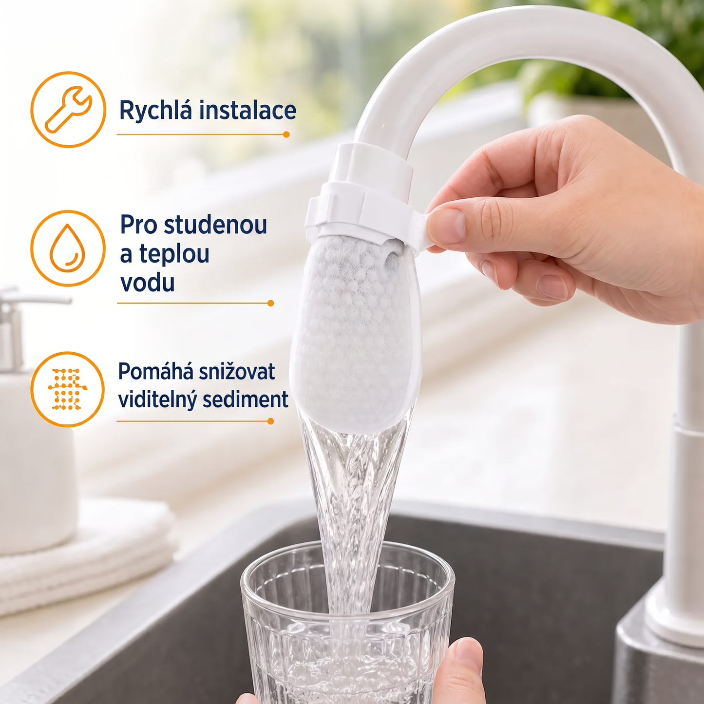 PKNEW® Filtrační sáčky na vodovodní baterii – 50ks jednorázové bavlněné filtry na pitnou vodu pro čistší vodu, omezení stříkající vody a ochranu před usazeninami 🚰