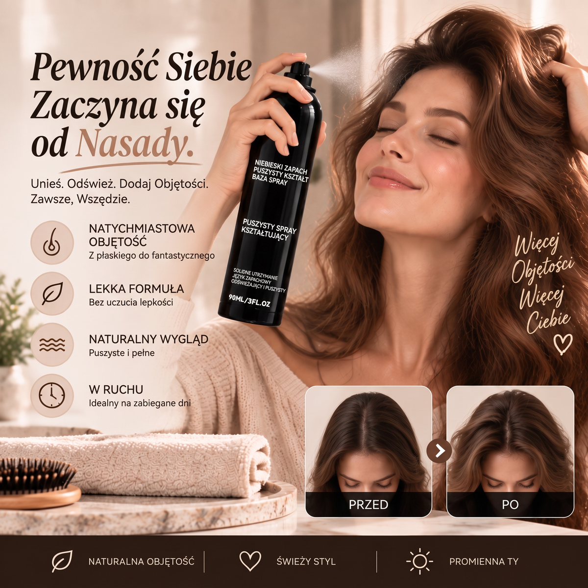 Vitalisys®🍇 Fluffy Hair – Modelujący spray zwiększający objętość włosów – lekka formuła dodająca objętości od nasady, zapewniająca naturalny ruch włosów i delikatny brzoskwiniowy zapach 👸