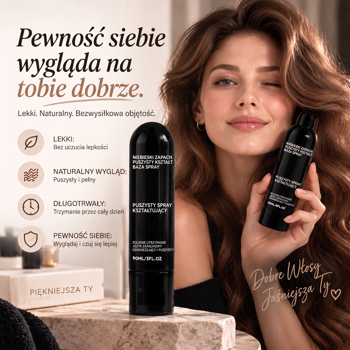 Vitalisys®🍇 Fluffy Hair – Modelujący spray zwiększający objętość włosów – lekka formuła dodająca objętości od nasady, zapewniająca naturalny ruch włosów i delikatny brzoskwiniowy zapach 👸