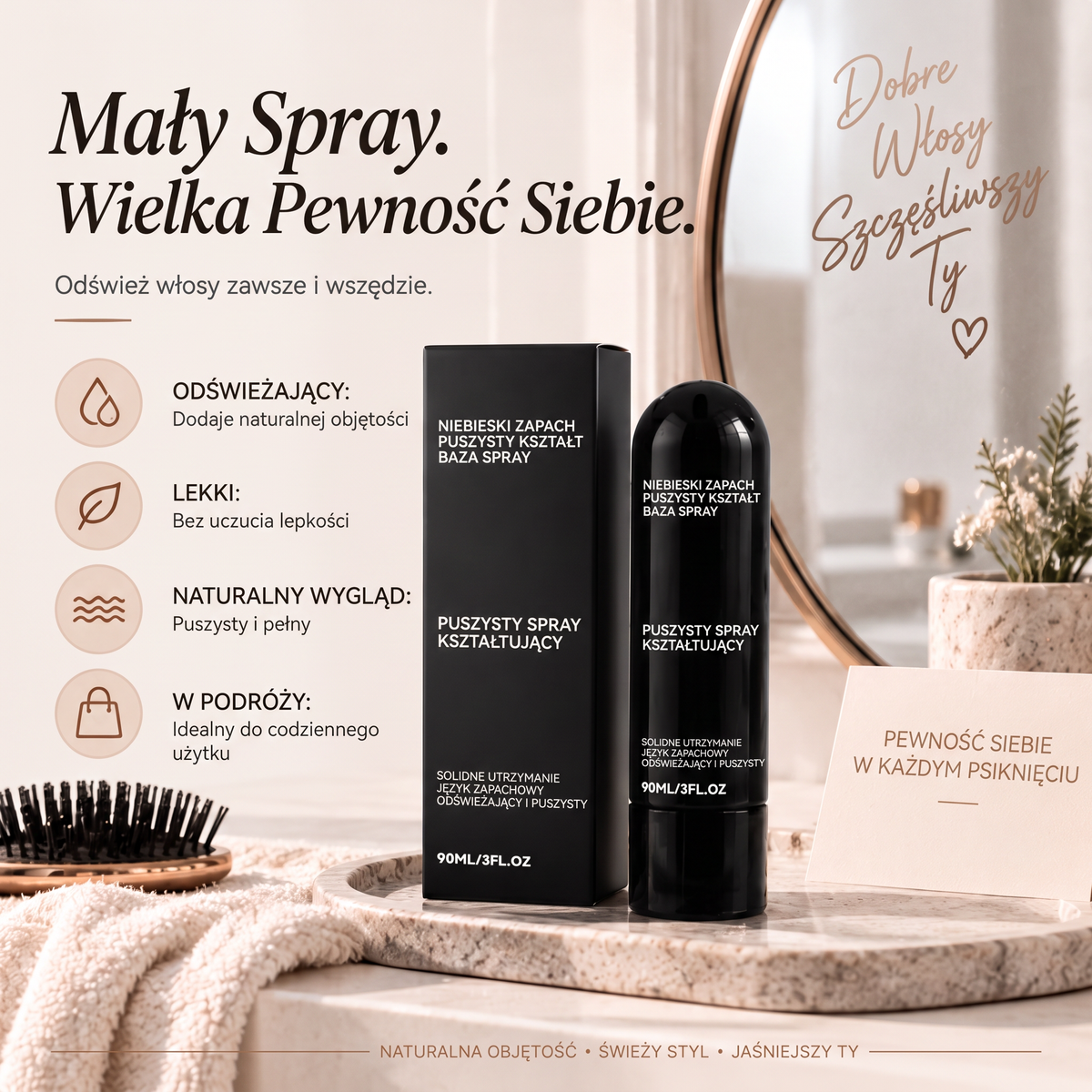 Vitalisys®🍇 Fluffy Hair – Modelujący spray zwiększający objętość włosów – lekka formuła dodająca objętości od nasady, zapewniająca naturalny ruch włosów i delikatny brzoskwiniowy zapach 👸