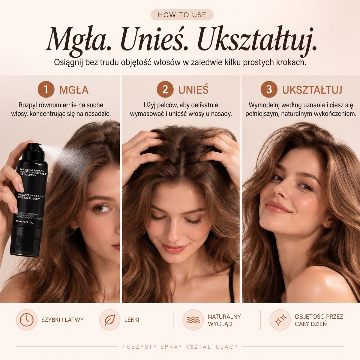Vitalisys®🍇 Fluffy Hair – Modelujący spray zwiększający objętość włosów – lekka formuła dodająca objętości od nasady, zapewniająca naturalny ruch włosów i delikatny brzoskwiniowy zapach 👸