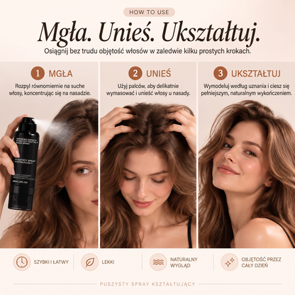 Vitalisys®🍇 Fluffy Hair – Modelujący spray zwiększający objętość włosów – lekka formuła dodająca objętości od nasady, zapewniająca naturalny ruch włosów i delikatny brzoskwiniowy zapach 👸