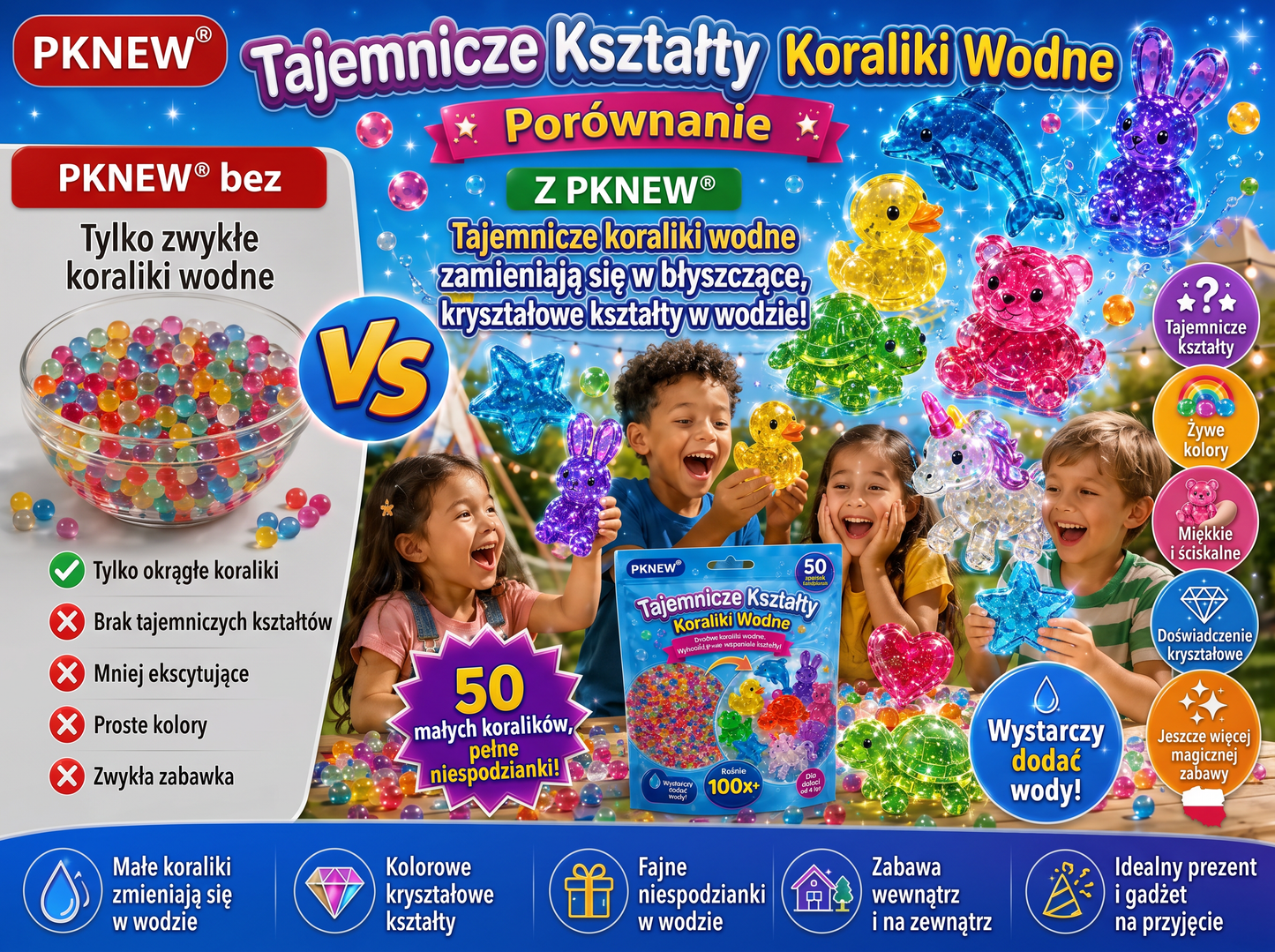 PKNEW®🫧 Magiczne wodne koraliki-niespodzianki🌈 – Kolorowe, półprzezroczyste figurki, które rosną w wodzie; idealne do kreatywnej zabawy, odkrywania świata zmysłów i wspólnego spędzania czasu z rodziną 💕