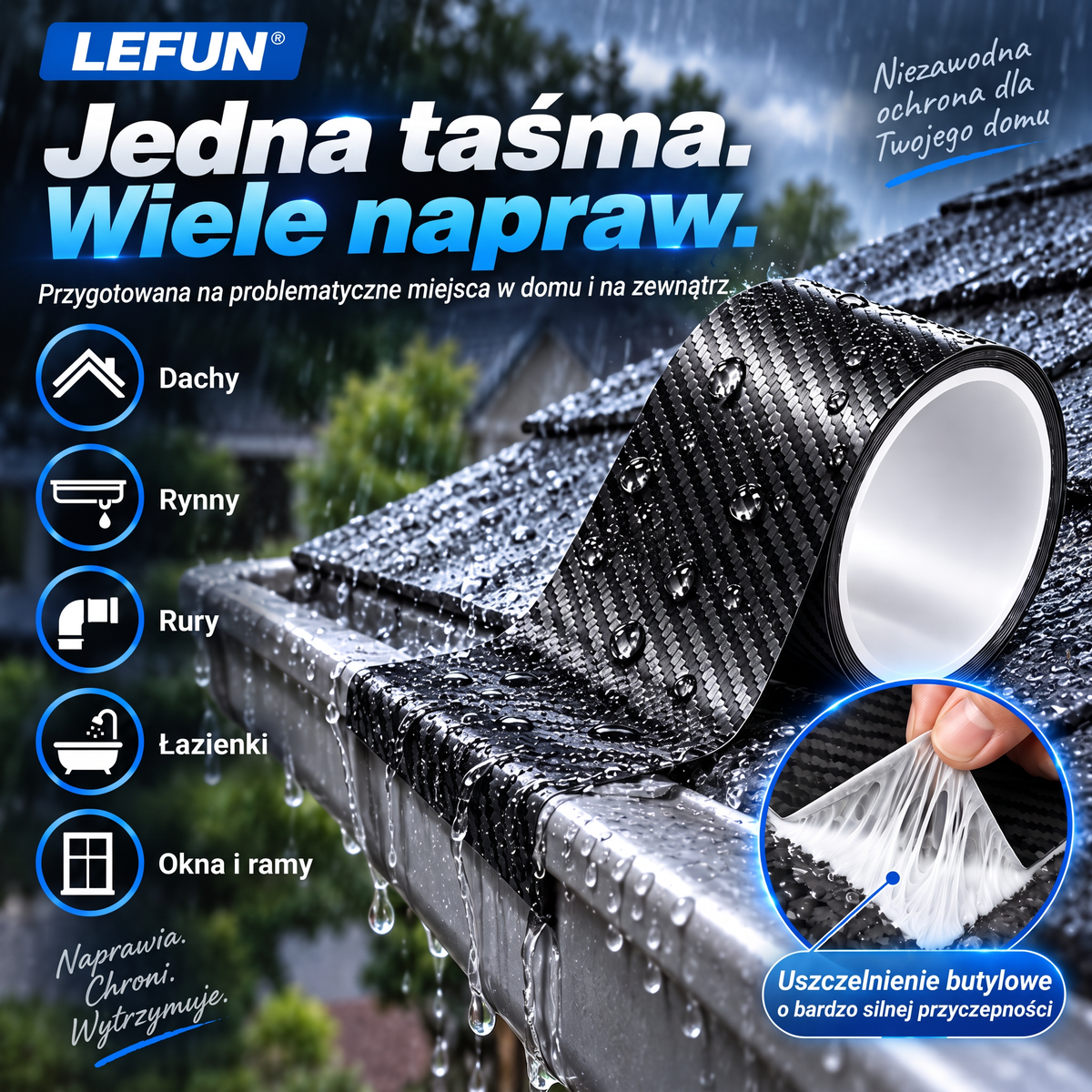 LEFUN® 💧 Wyjątkowo mocna taśma wodoodporna🍇 – warstwa ochronna o wyglądzie karbonu + uszczelka butylowa chroniąca przed przeciekami i wilgocią