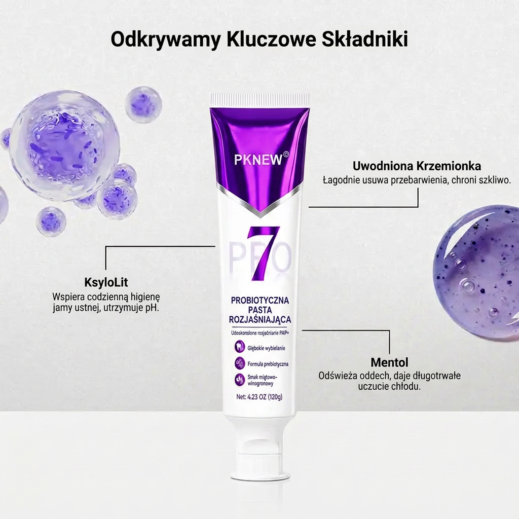 PKNEW® 7-Pro🍈 Fioletowa pasta do wybielania zębów z 7 probiotykami🦷 – Zaawansowana formuła neutralizująca odcień zębów, zapewniająca jaśniejszy uśmiech i codzienną higienę jamy ustnej ✨