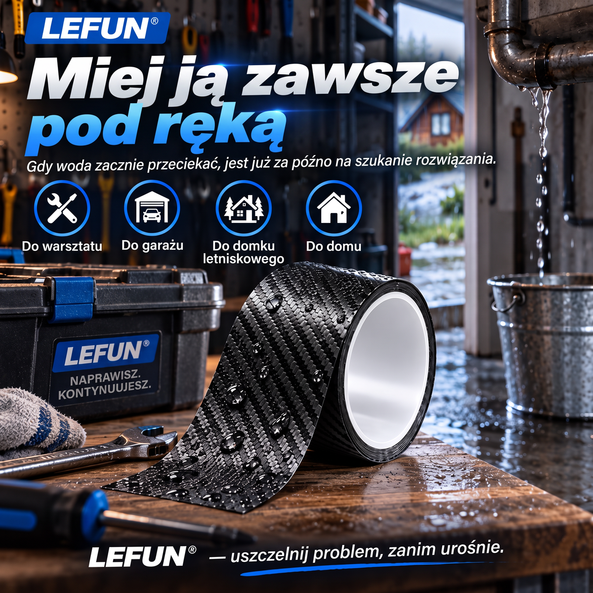 LEFUN® 💧 Wyjątkowo mocna taśma wodoodporna🍇 – warstwa ochronna o wyglądzie karbonu + uszczelka butylowa chroniąca przed przeciekami i wilgocią