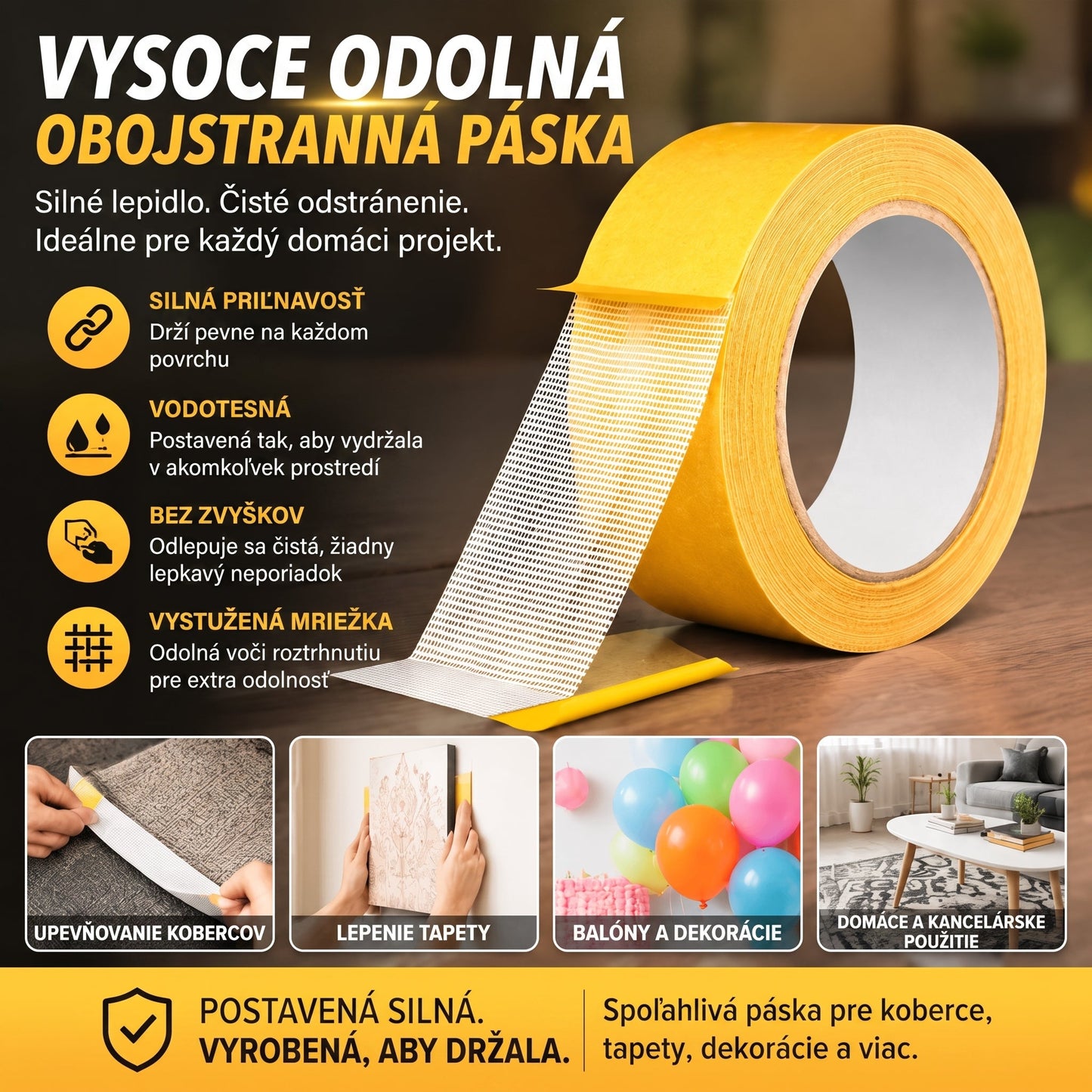 PKNEW® Odolná obojstranná páska – silné lepidlo, vodoodolná, odstrániteľná bez stôp. Ideálna na koberce, tapety, balóny a domáce použitie 🐔