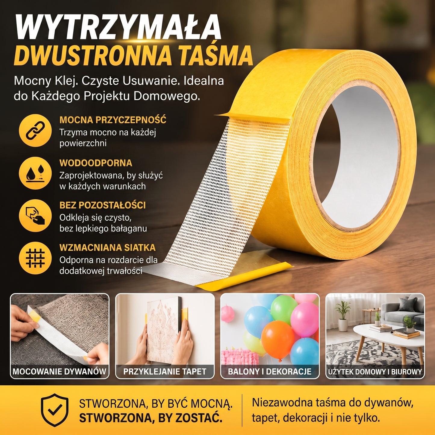 PKNEW® Wytrzymała taśma dwustronna🍇, mocny klej, wodoodporna i usuwalna, bez śladów, idealna do dywanów, tapet, balonów i użytku domowego 🔥