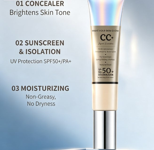 Hydrating CC Cream with SPF 50+ Sun Protection - 3-in-1 Tinted Moisturizer, Brightening Liquid Foundation & Waterproof Concealer Primer