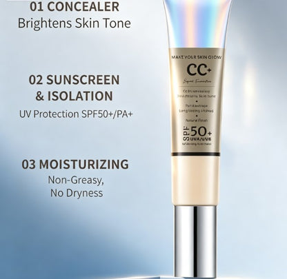 Hydrating CC Cream with SPF 50+ Sun Protection - 3-in-1 Tinted Moisturizer, Brightening Liquid Foundation & Waterproof Concealer Primer