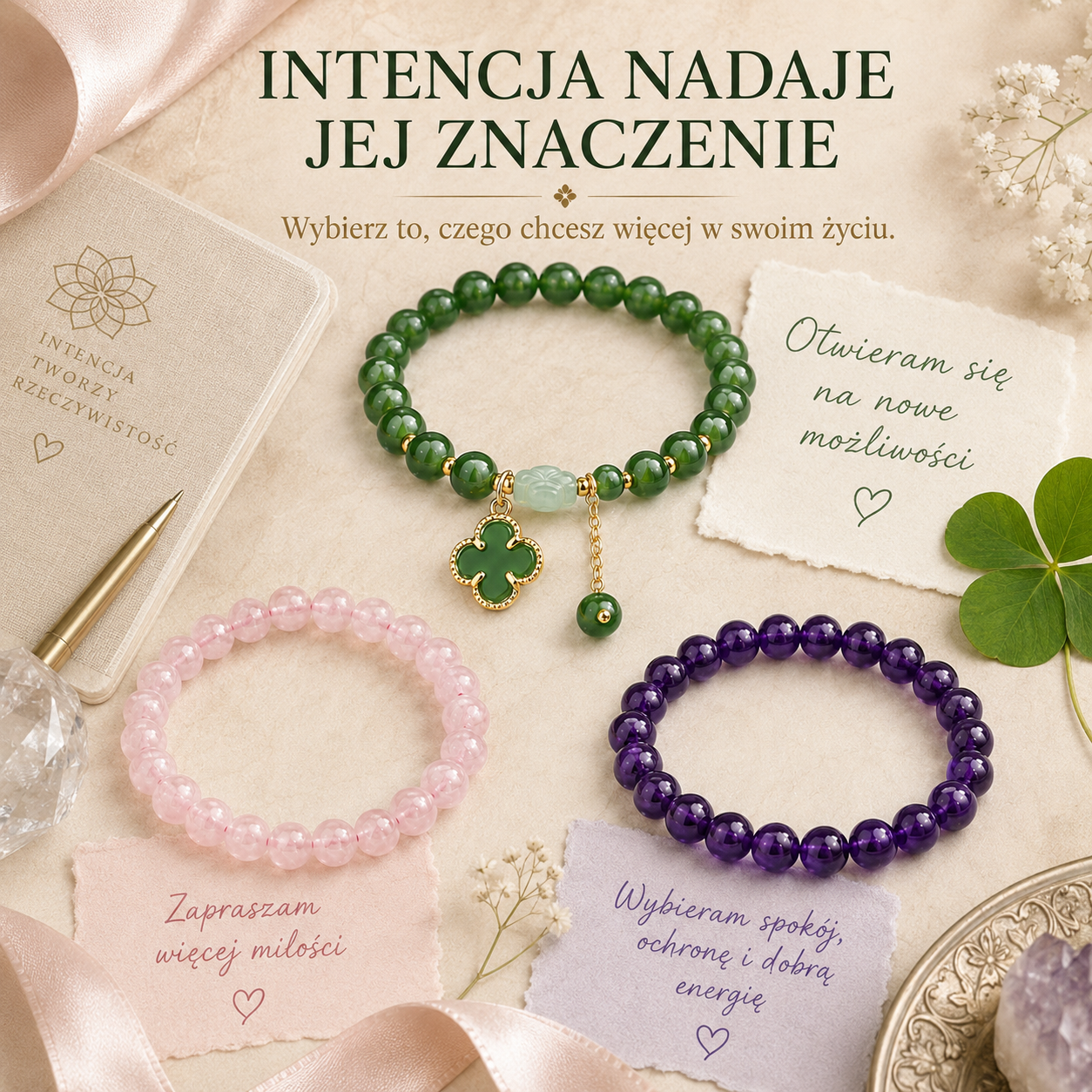 ✨ Kryształowa Bransoletka Szczęścia — Bogactwo • Miłość • Ochrona🍇