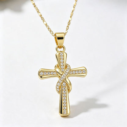 ✨Sparkling Twisted Cross Pendant Necklace – Gold Plated Alloy + Cubic Zirconia