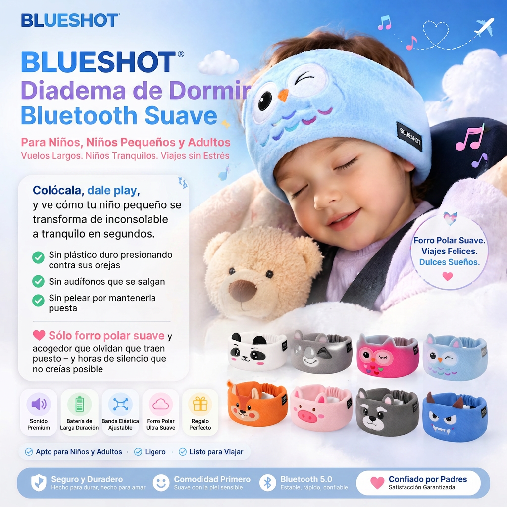 30%OFF🎁Blueshot® 🍈Audífonos Bluetooth de Diadema para Niños, 🦉 Suaves de Tela Polar para Dormir y Viajar, Audio Inalámbrico con Límite de Volumen, Diadema Lavable de Animalitos para Pequeños y Niños