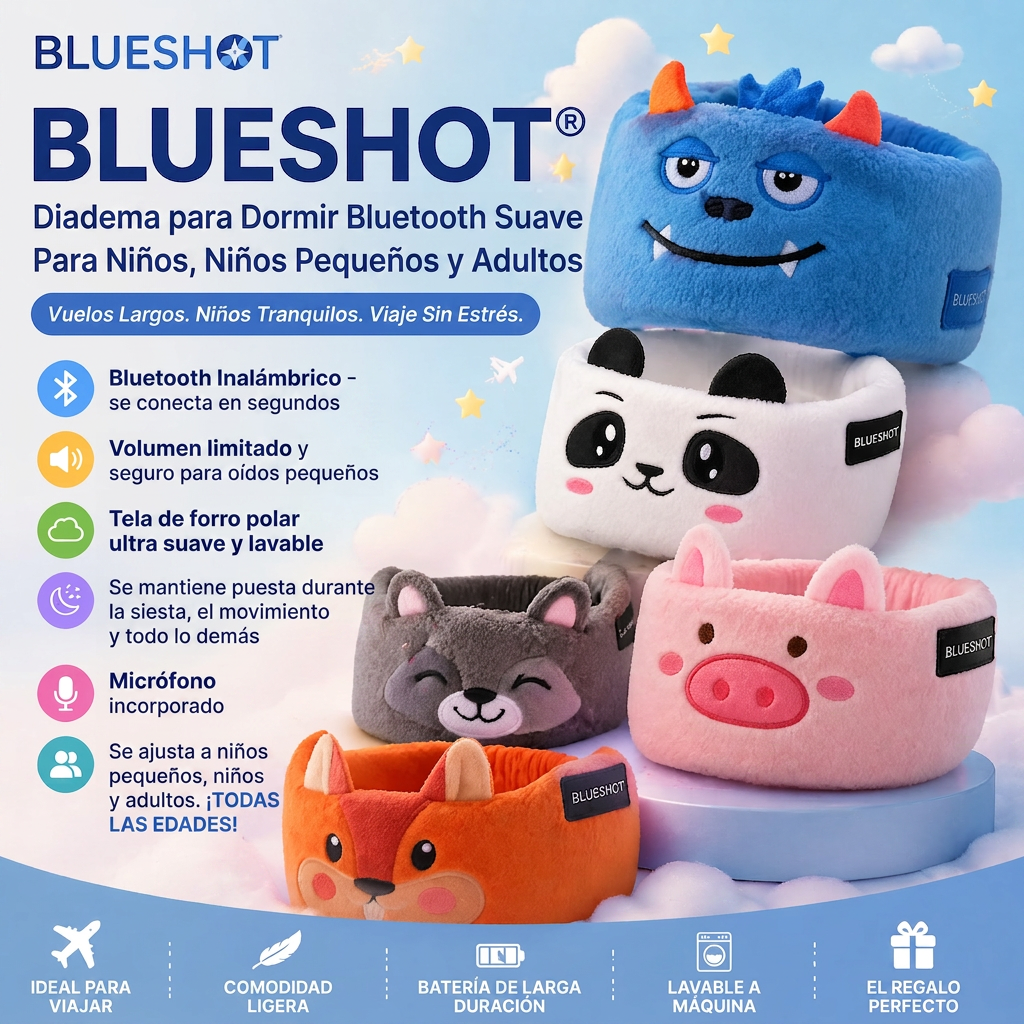 30%OFF🎁Blueshot® 🍈Audífonos Bluetooth de Diadema para Niños, 🦉 Suaves de Tela Polar para Dormir y Viajar, Audio Inalámbrico con Límite de Volumen, Diadema Lavable de Animalitos para Pequeños y Niños